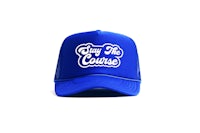 a blue hat with the words'play the course'on it